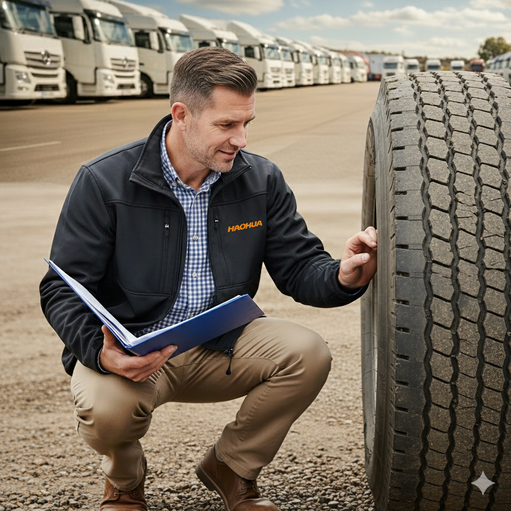 Ingeniero HAOHUA inspeccionando neumático de camión
